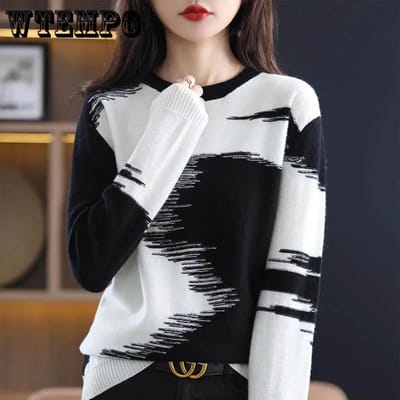 Kleurafstemming Ronde Hals Trui Dames Losse Bovenkleding Grote Maat Top Pullover Onderlaag Gebreide Trui Zachte Alles-passende Trui S zwart