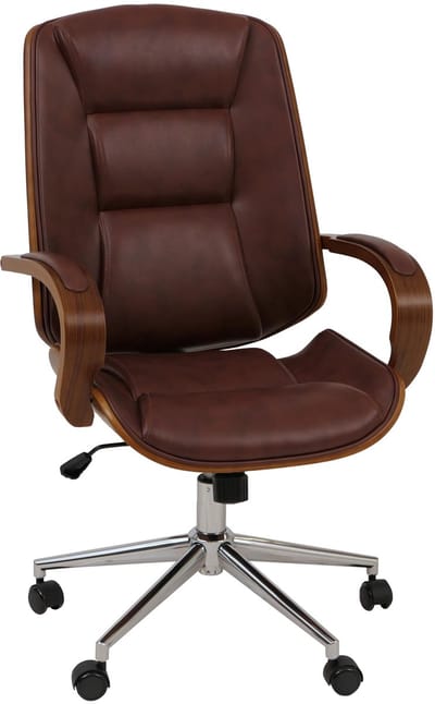 Bureaustoel MCW-O83, draaistoel directiestoel, kunstleer (280 g/m²) gebogen hout MVG-gecertificeerd walnootlook ~ roodbruin