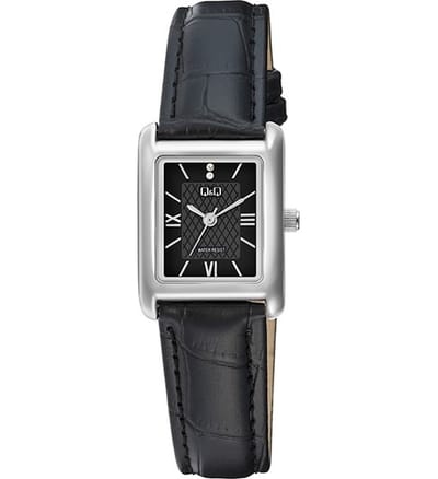 Q&Q C69A-011PY - Horloge - Polshorloge - Analoog - Dames - Vrouwen - Leren band - Rechthoek - Metaal - Strepen - Romeinse Cijfers - Zwart - Zilverkleurig