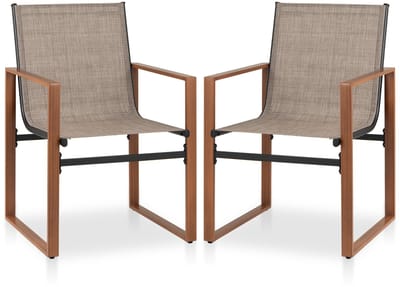 COSTWAY Set van 2 tuinstoelen, terrasstoelen met ademend zitvlak en metalen frame, balkonstoelen, outdoorstoelen, belastbaar tot 150 kg, voor tuin, balkon, veranda (bruin)