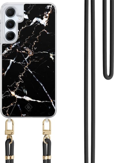 Casimoda® hoesje met koord - Geschikt voor Samsung A15 - Marmer Zwart - Afneembaar koord - TPU/polycarbonaat - Zwart