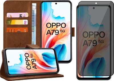 Hoesje geschikt voor Oppo A79 - Privacy Screenprotector Volledig Dekkend Glas - Portemonnee Book Case Bruin