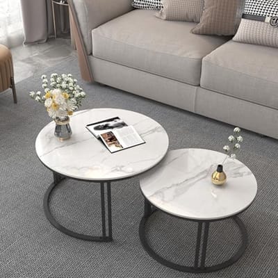 Ronde marmeren salontafel Set van 2 - Glanzend wit, gesinterd steen voor woonkamer en balkon