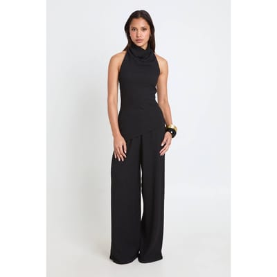 boohoo Dames Gekreukte Hoge Hals Lange Top Broek Co-ord Set | Zwart | Maat: 34