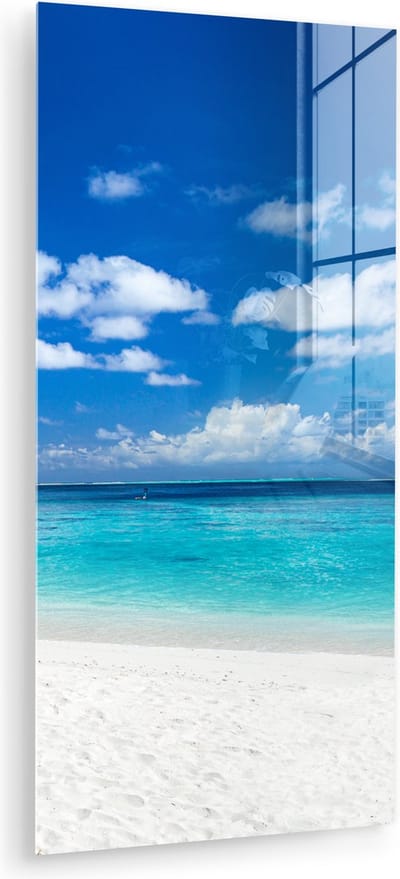 MuchoWow® Glasschilderij 80x160 cm - Schilderij acrylglas - Strand - Zee - Palmboom - Eiland - Foto op glas - Muurdecoratie woonkamer - Wanddecoratie slaapkamer - Schilderijen