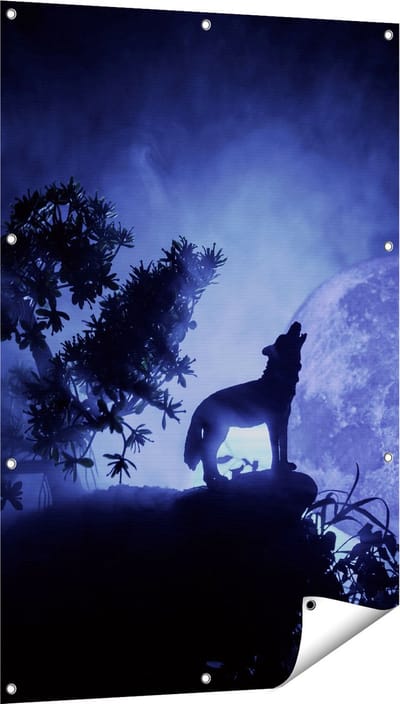 Gards Tuinposter Huilende Wolf in Silhouet bij Volle Maan - 80x120 cm - Tuindoek - Tuindecoratie - Wanddecoratie buiten - Tuinschilderij