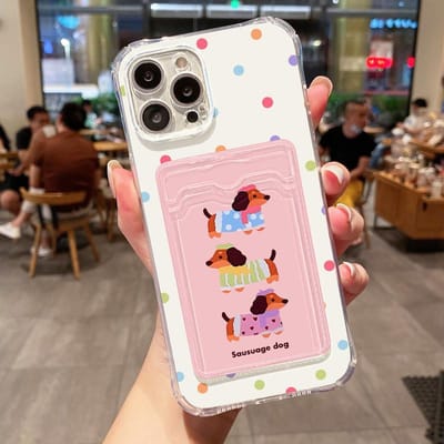 Transparante Kaartsleuf Tas Houder Telefoonhoesje Voor iPhone 13 15 16 11 12 14 Pro Max XR XS X 7 8 Plus SE Cartoon Schattige Hond Cover For iPhone 12