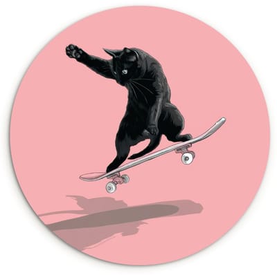 WallCircle® Wandcirkel 120x120 cm - Muurcirkel Kat - Skateboard - Roze - Muurdecoratie woonkamer - Wanddecoratie slaapkamer - Kamer decoratie accessoires - Ronde schilderijen XXL
