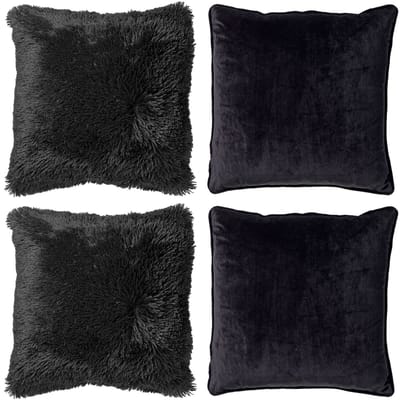 Dutch Decor - KUSSENSET - 4-delig Fluffy & Velvet - 45x45 cm - inclusief binnenkussens - zwart - Met Ritssluiting – Decoratie Kussens - Comfortabele kussentjes voor op de Bank