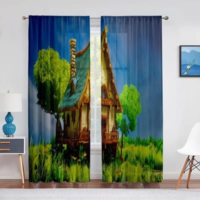Sprookjesachtig Cartoon Huis Transparant Gordijn voor Woonkamer Slaapkamer Transparant Tule Voile Gordijn Chiffon Keuken Raam Gordijnen 1 PCS W100XH250cm&Grommet Top