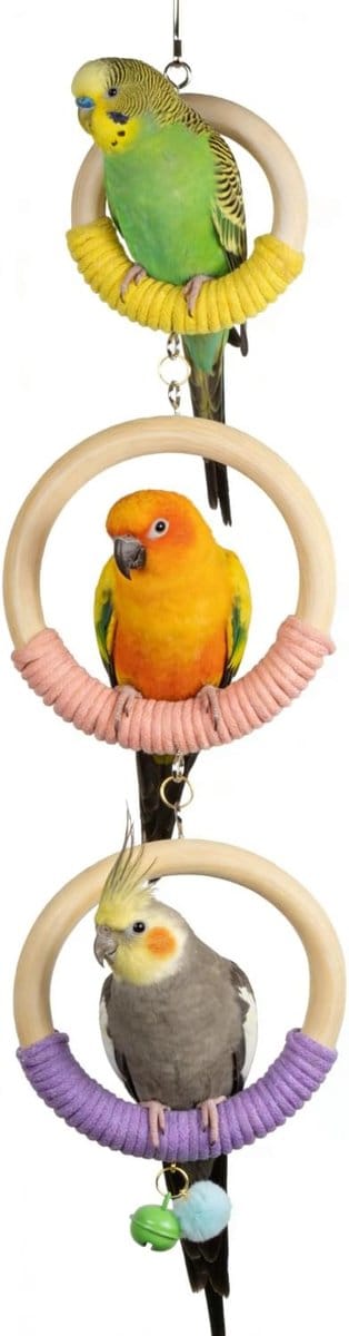 KZQ 3-rings houten hangend vogelspeeltje - Vogelspeeltje - Vogelkooiring - Klimstok - Geschikt voor grasparkieten, valkparkieten, dwergpapegaaien, kanaries en andere vinken.