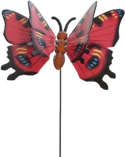 Decoris tuin deco vlinder op stok - rood - metaal - 12 x 70 cm - dieren decoraties - bewegend