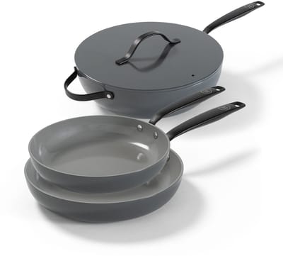 BE Living 3-delige Pannenset - Ø 24 & 28 cm Koekenpan + Ø 30 cm Wokpan - Bakpan - Keramisch - PFAS Vrij Anti Aanbak - Inductie Pannen - Grijs - Essential Series
