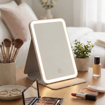 FlinQ Make up Spiegel met Verlichting - LED Licht - Handspiegel - Reisspiegel met Bescherming - Oplaadbaar - Grijs