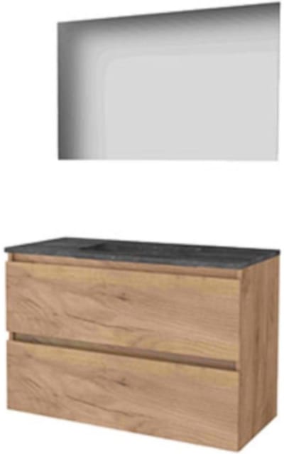 Basic-Line Ultimate 46 Badkamermeubelset - 100 x 46 cm - Greeploos - 2 Lades - Hardstenen Wastafel - 1 Kraangat - Spiegel met Indirecte LED Verlichting - Whisky Oak