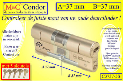M&C Conder high-tech security deurcilinder 37x37 mm MET 5 SLEUTELS - SKG*** - Politiekeurmerk Veilig Wonen  -  inclusief MilaNNE gereedschap montageset