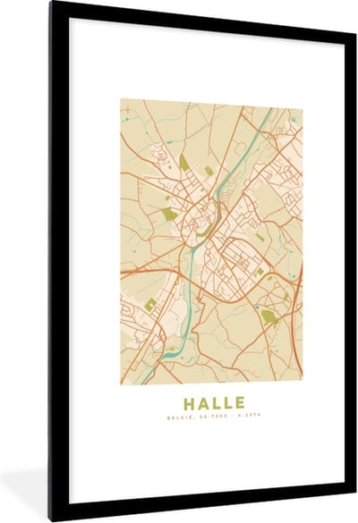 Fotolijst incl. Poster - België - Kaart - Plattegrond - Stadskaart - Halle - 80x120 cm - Posterlijst