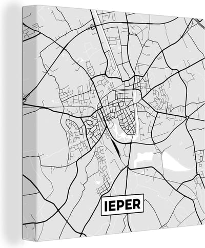 Canvas Schilderij Zwart Wit – België – Plattegrond – Stadskaart – Kaart – Ieper - 20x20 cm - Wanddecoratie