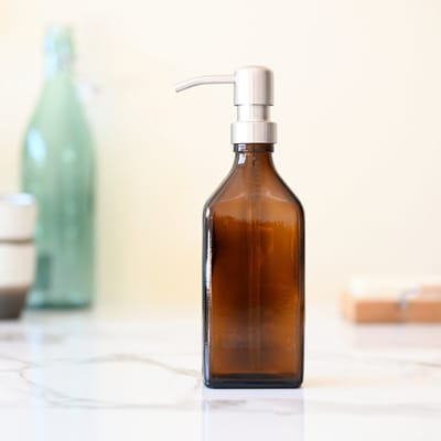 Groeikruid® zeeppompje vrijstaand | 250 ml rechthoekig amber glas | RVS pompkop | Zeepdispenser zilver
