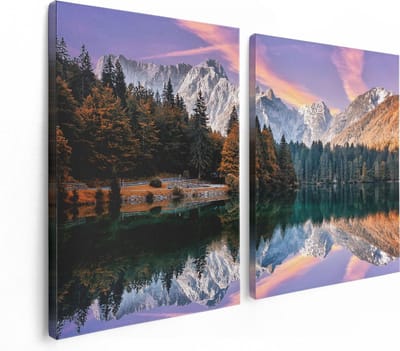 Artaza Canvas Schilderij Tweeluik Meer Met Weerspiegeling Van De Bergen - 120x80 - Foto Op Canvas - Canvas Print
