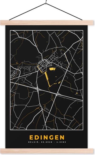 Posterhanger incl. Poster 40x60 cm - Schoolplaat - Kaart - Edingen - Goud - Plattegrond - Stadskaart - Textielposter - Blanke latten - Stadskaart