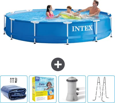 Intex Rond Frame Zwembad - 366 x 76 cm - Blauw - Inclusief Solarzeil - Onderhoudspakket - Zwembadfilterpomp - Ladder