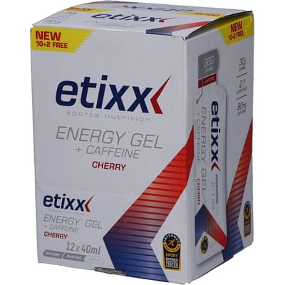 Etixx Energy Gel + Caffeine Cherry - Sports Nutrition - Energy Gel - 12 x 40 ml - Kers + 80 mg Cafeïne + Vitamine C - 30G Koolhydraten - Snelle Energielevering - Mentale & fysieke Boost - Langdurig effect - Optimale opname - 2:1 Glucose:Fructose