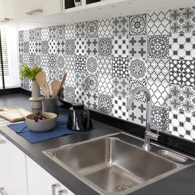 Zelfklevende tegelmuurstickers voor keuken en badkamer - 30 cementtegelstickers, Azulejos-stijl, Thibo - 30 stickers, 20x20 cm