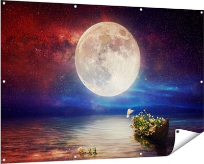 Gards Tuinposter Volle Maan in de Hemel boven het Water - 150x100 cm - Tuindoek - Tuindecoratie - Wanddecoratie buiten - Tuinschilderij