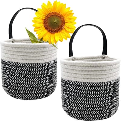 opbergmanden, 2 stuks 15 cm katoenen touw geweven hangende plantenpotten opbergmanden met lederen handgrepen voor zonnebrilsleutel, kamerplanten bloem, badkameraccessoires (zwart en wit
