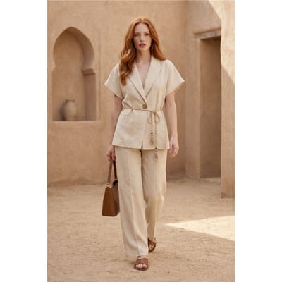 V-hals Ge knopte Blouse & Hoge Taille Broek Twee-Delige Set