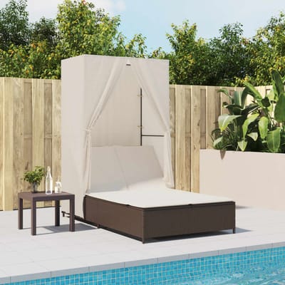 vidaXL - Ligbed - tweepersoons - met - dak - en - gordijn - poly - rattan - bruin
