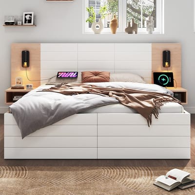 KOMHTOM Tweepersoonsbed met opbergruimte 140 x 200 cm met 2 lades hoofdeinde met leeslampje en USB-oplader inclusief 2 nachtkastjes Wit