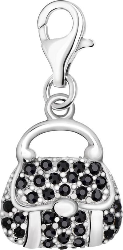 Quiges – 925 - Zilver – Charm - Bedel - Hanger - 3D Handtas met Zwarte Zirkonia - met – sterling - zilver - karabijnslot - geschikt - voor -Bedelarmband HC103