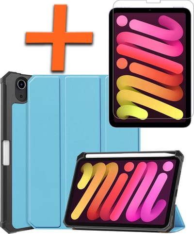 Hoesje - Geschikt voor Apple iPad Mini 6 (2021) - 8.3 inch - 6e Generatie - Met Screenprotector - Trifold Bookcase - Hard Cover Case - Met Uitsparing Geschikt voor Apple Pencil - Hardcover Book - Tablet Hoes - Lichtblauw
