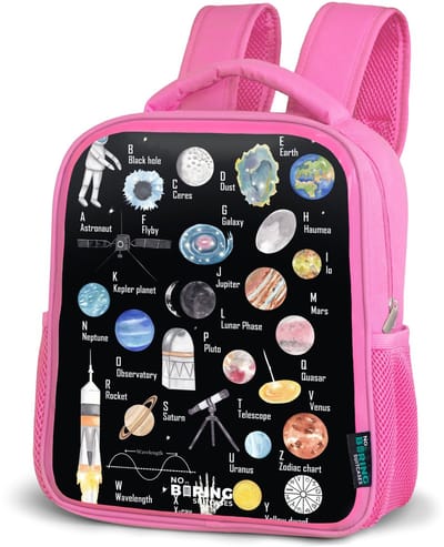 NoBoringSuitcases.com® - Rugzak roze - Schooltas meisjes - Alfabet in ruimte thema - Kinder rugtas meisje - Boekentas kind - Kinderrugzak voor school - Schoolrugzak
