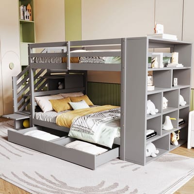 MODENUIT Stapelbed 90x200 cm – Veiligheidstrap met opbergvakken – Met lades en kast – Zonder matras – Hout – Grijs