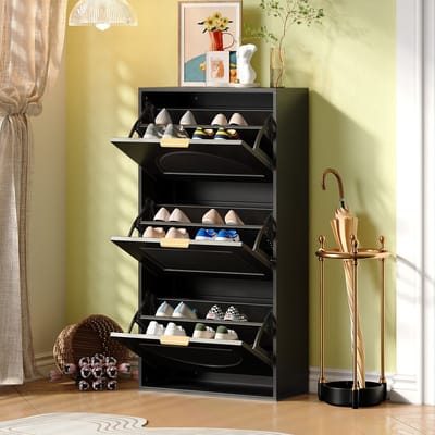 Schoenenkast - 60x24x114 cm zwart - 3 klapdeuren & anti-kipbeveiliging - extra smal (24 cm)