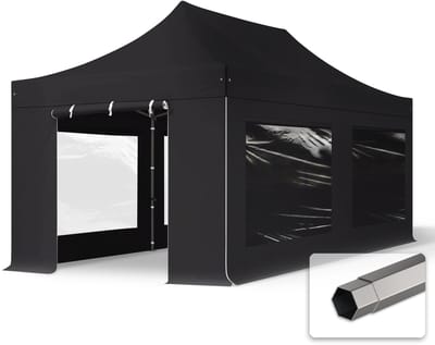 3x6 m Easy Up partytent Vouwpaviljoen PVC brandvertragend met zijwanden (4 vensters), PREMIUM staal 40mm, zwart