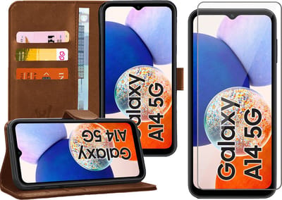 Hoesje geschikt voor Samsung Galaxy A14 - Screen Protector GlassGuard - Book Case Kunstleer Pasjeshouder Bruin & Screenprotector