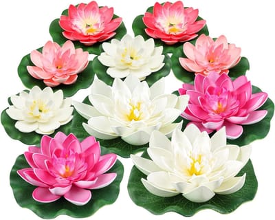 10 Stuks Kunststof Foam Lotus Drijvende Bloemen met Waterlelieblad voor Tuin en Vijverdecoratie, Roze en Wit