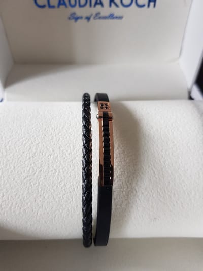 Claudia Koch Bracelet Men Genuine Leather With Stainless Steel, Black Rosegold