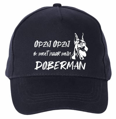 Mijncadeautje - 5 panel - Cap - Verstelbaar - Pet van 100% dik geborsteld katoen- unisex - opdruk wit - opzij opzij naar mijn doberman - navy blauw