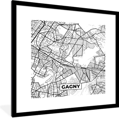Fotolijst incl. Poster Zwart Wit- Stadskaart - Frankrijk - Gagny - Kaart - Plattegrond - Zwart wit - 40x40 cm - Posterlijst