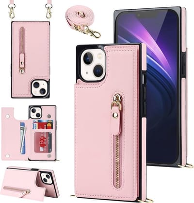 Casemania Hoesje Geschikt voor Apple iPhone 15 - Roze - Luxe Back Cover met Koord / Rits - Wallet Case met Pasjeshouder - Lanyard Telefoonhoes - Cord Case