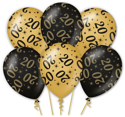 Q2P - 20 jaar Ballonnen - Zwart & Goud - Helium Geschikt – 20e Verjaardag Versiering - 6 Stuks
