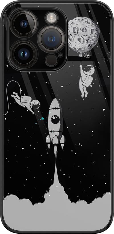 Hoesje geschikt voor iPhone 14 Pro - Space shuttle - Luxe Glazen Hardcase - Marmer - Zwart - Leuke Telefoonhoesjes
