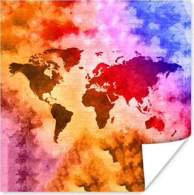 Poster 30x30 cm - Wereldkaart - Kleuren - Rook - Posters - Kamer decoratie - Wanddecoratie woonkamer - Muurdecoratie slaapkamer