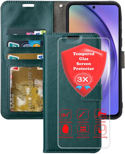 Bookcase Geschikt voor: Samsung Galaxy S25 Groen - Portemonnee hoesje met 3x Glas Screen protector - Book Cover