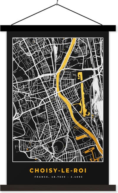 Posterhanger incl. Poster 40x60 cm - Schoolplaat - Plattegrond – Kaart – Stadskaart – Frankrijk – Choisy-le-Roi - Textielposter - Zwarte latten - Stadskaart